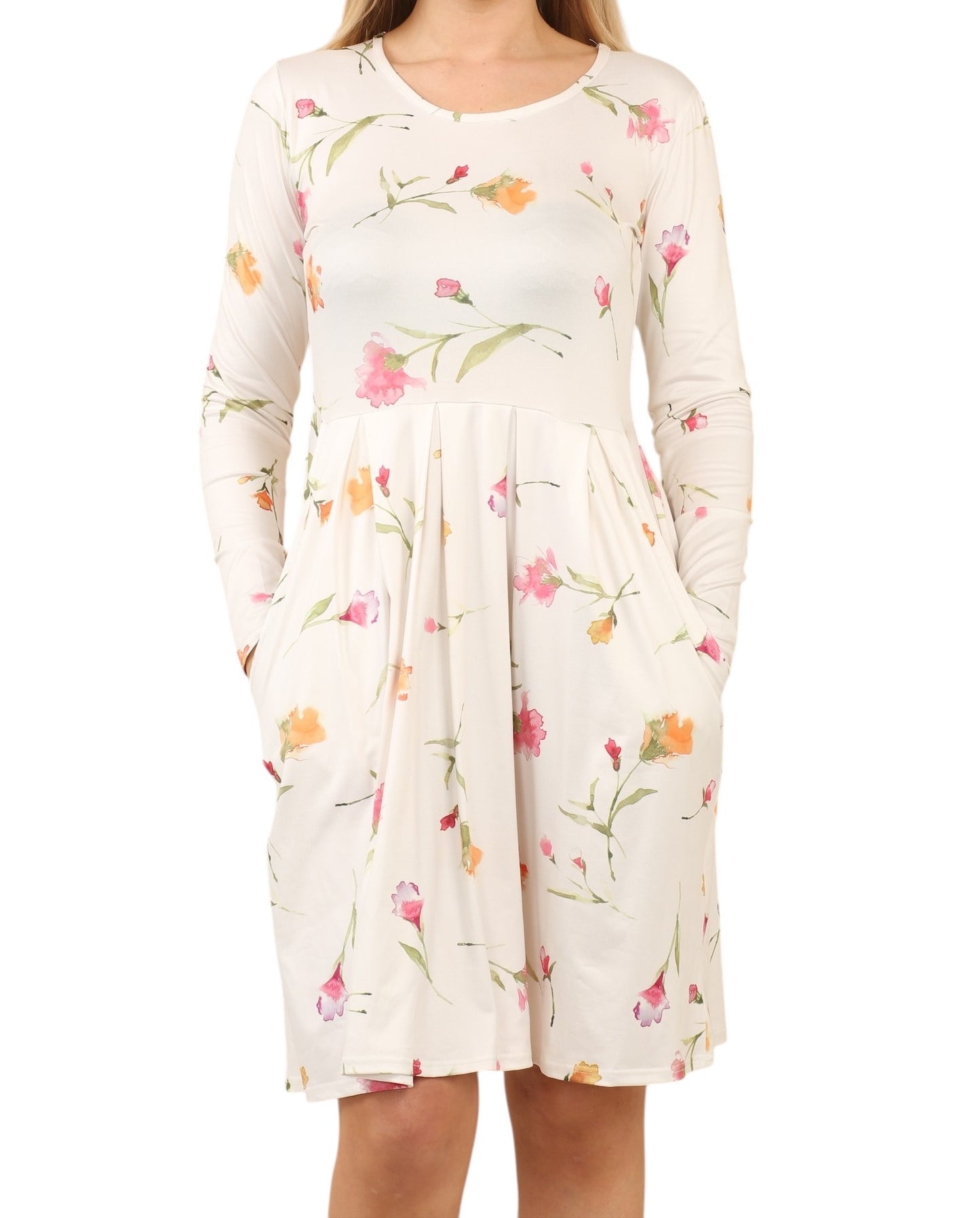 Women's Pleated Tunic Top Dress - Long Sleeve with Pockets