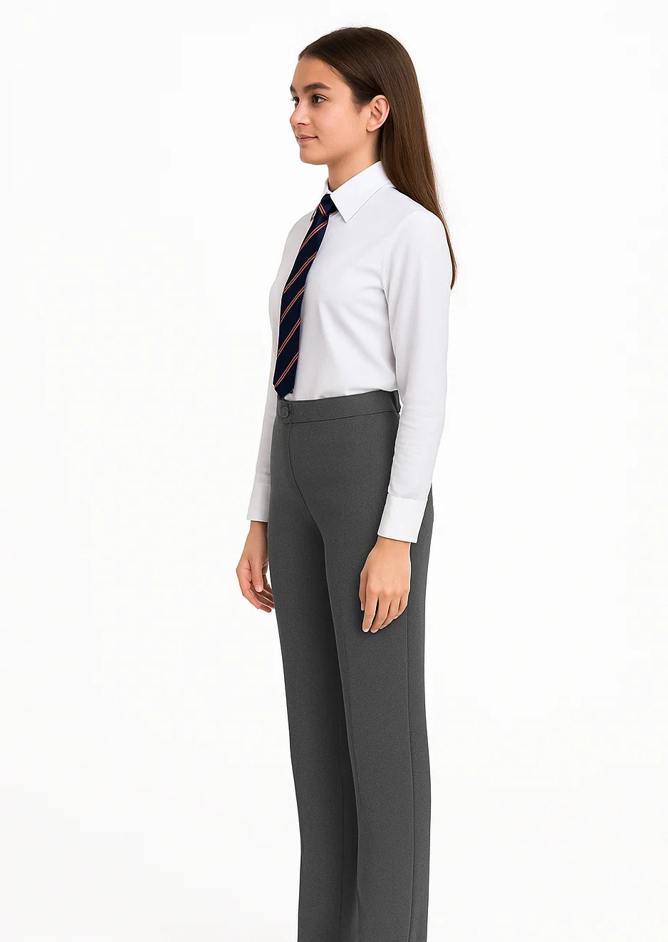 Girls Adjustable Waist School Trouser Black Grey Slim Fit