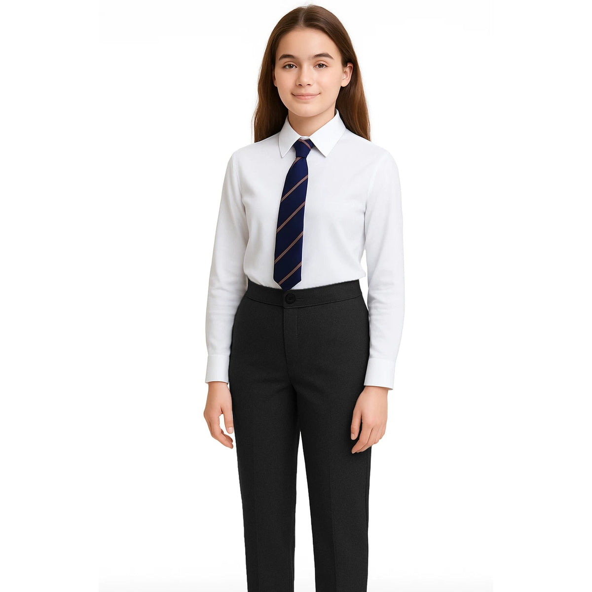 Girls Adjustable Waist School Trouser Black Grey Slim Fit